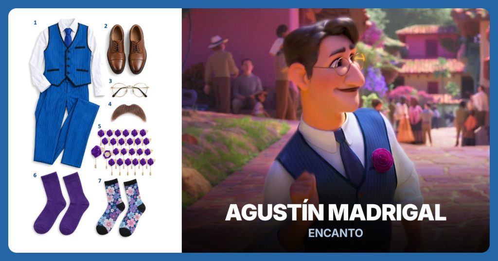 Blue Pinstripe Outfit Set, Brown Oxford Shoes, Gold Round Glasses and Brown Fake Mustache beside Agustín Madrigal