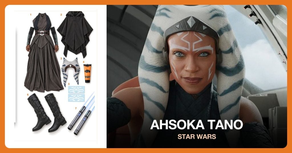 Ahsoka Robes, Black Cloak, Ahsoka Headpiece and Orange Body Paint beside Ahsoka Tano