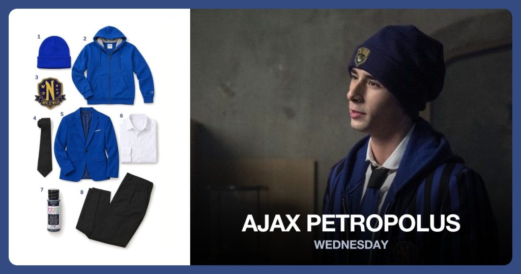 Blue Beanie, Blue Hoodie, Nevermore Academy Patch and Black Tie beside Ajax Petropolus