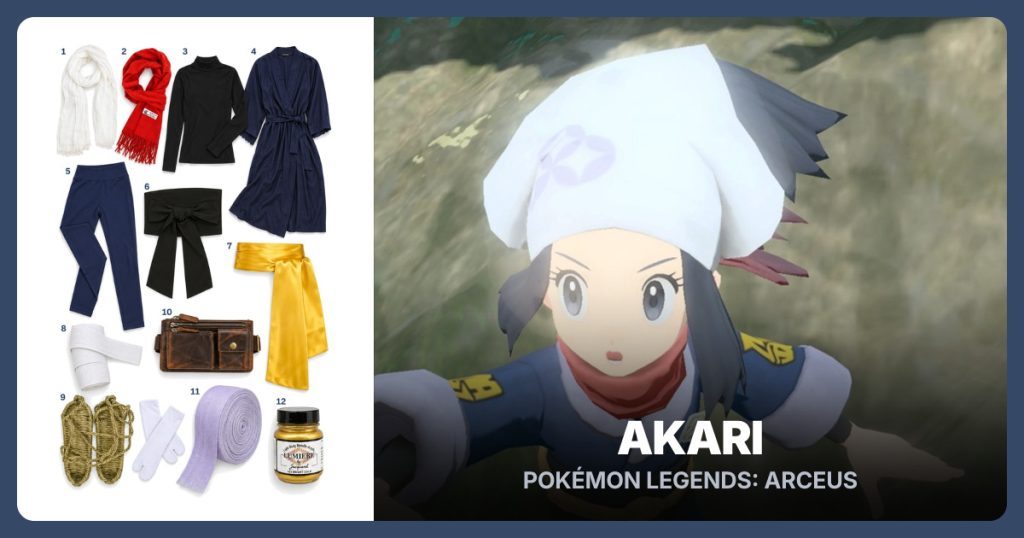 White Head Scarf, Red Scarf, Black Mock Neck Shirt and Navy Kimono Robe beside Akari
