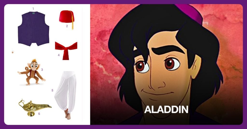 Purple No Pocket Uniform Vest, Red Fez Hat, Red Renaissance Sash and Soft Modal White Spandex Harem Pants beside Aladdin