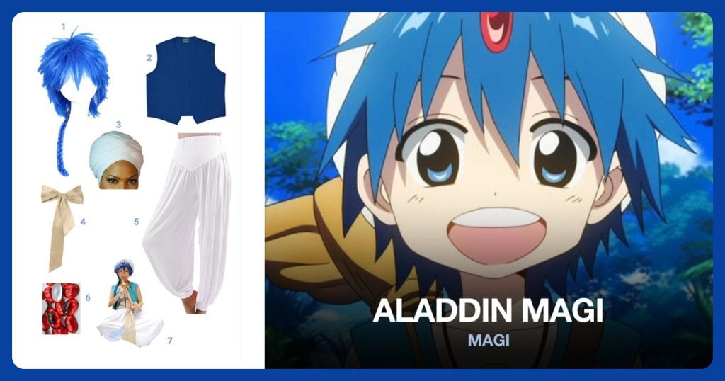 Aladdin Blue Long Pigtail, No Pocket Uniform Vest, Jersey Knit Head Wrap and Beige Sash beside Aladdin Magi