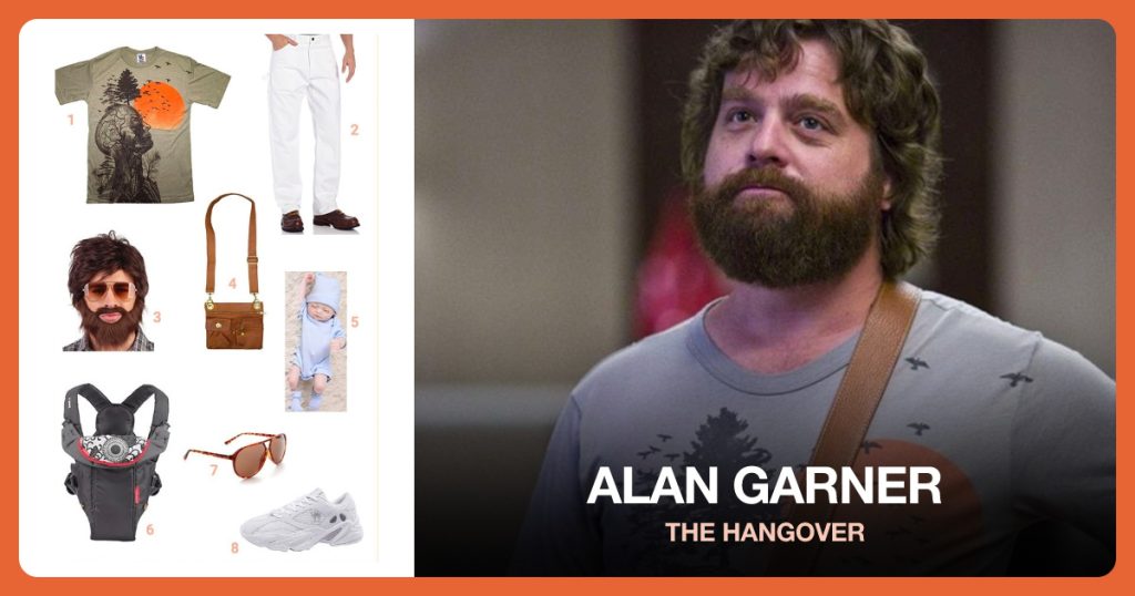 Human Tree T-Shirt, Tan Pants, Wig and Beard and Man Purse beside Alan Garner