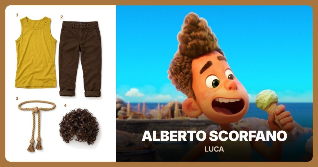 Yellow Ribbed Tank Top, Brown Chinos, Tan Rope Belt and Short Curly Brown Wig beside Alberto Scorfano