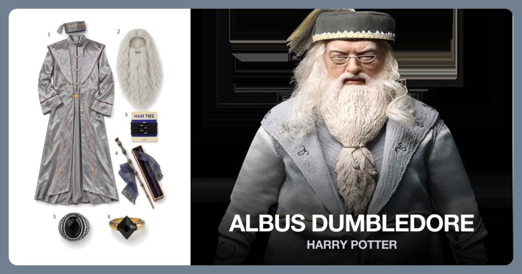 Official Wizard Costume, Long Wizard Wig, Beard Hair Ties and Elder Wand Prop beside Albus Dumbledore
