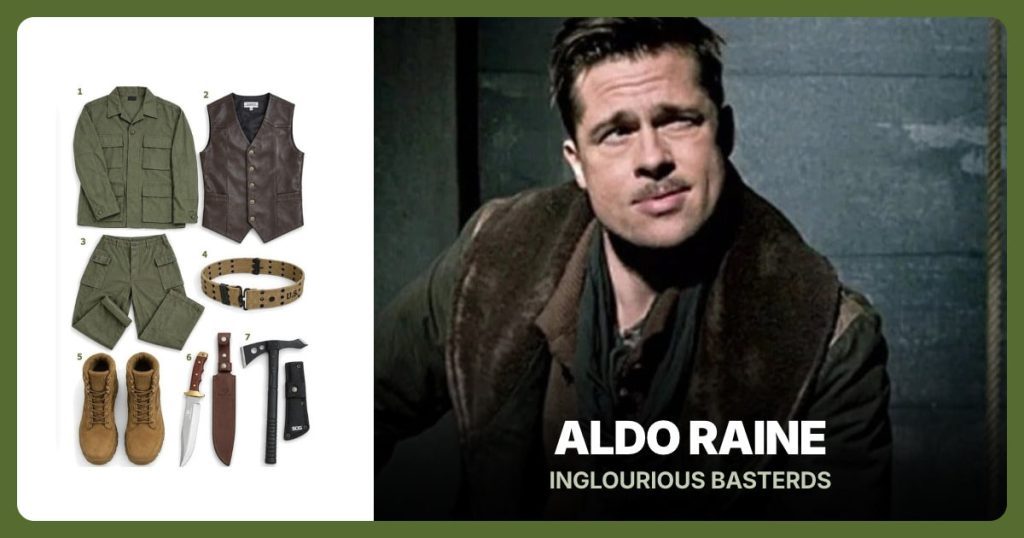 Olive Drab BDU Shirt, Brown Leather Vest, Olive Army HBT Trousers and WWII Canvas Pistol Belt beside Aldo Raine