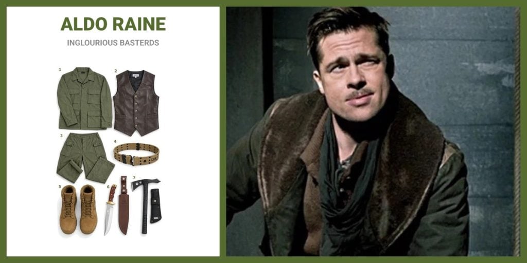 Olive Drab BDU Shirt, Brown Leather Vest, Olive Army HBT Trousers and WWII Canvas Pistol Belt beside Aldo Raine
