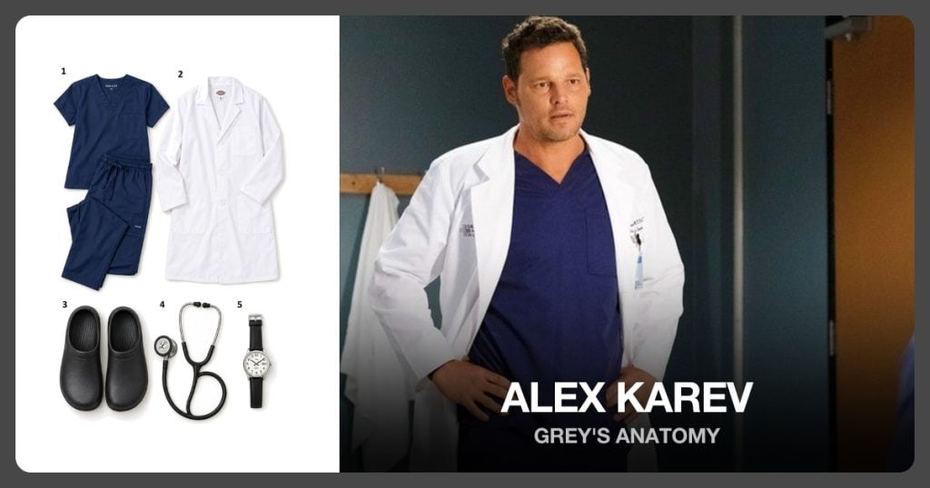 Dagacci Men’s Navy V-Neck Cargo Scrub Set and Dickies EDS Unisex 40-Inch Lab Coat beside Alex Karev