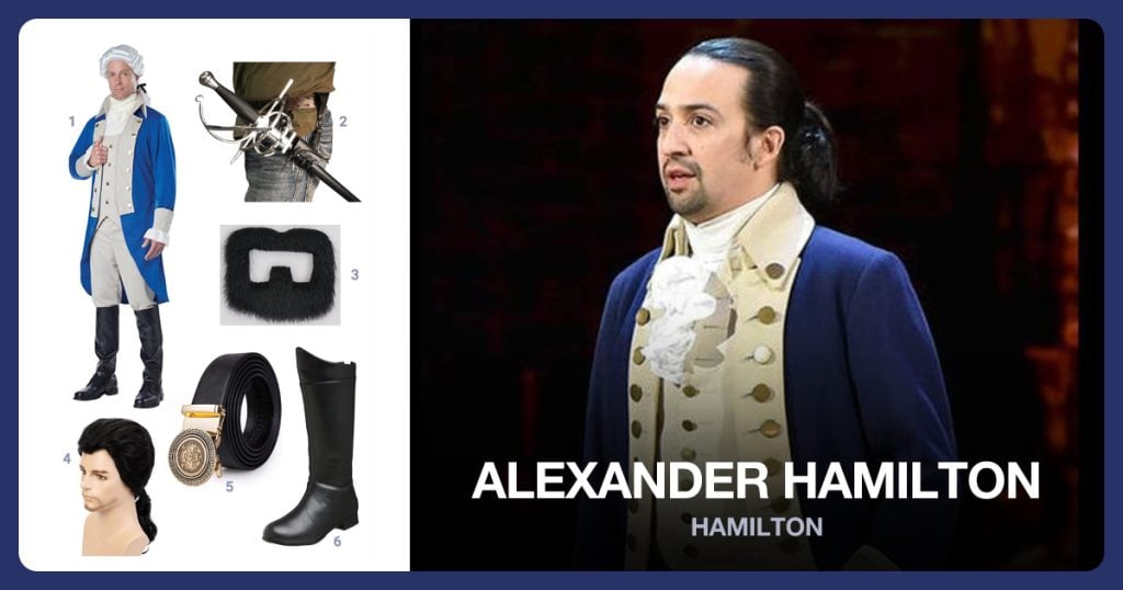 Toy Sword, Black Goatee, Ponytail Wig and Black Belt beside Alexander Hamilton