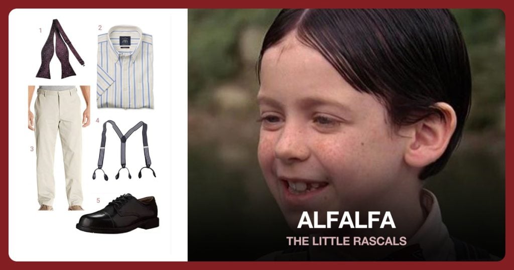 Bow Tie, Button Down Shirt, Men’s Khakis and Dress Suspenders beside Alfalfa