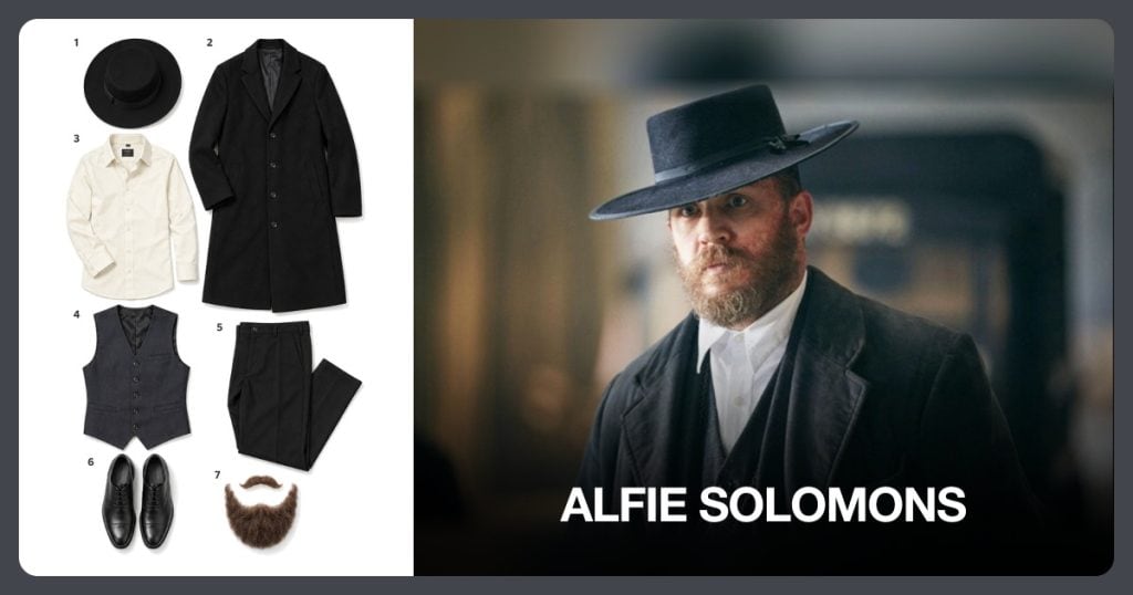 Black Wide Brim Hat, Black Wool Overcoat, Off-White Dress Shirt and Dark Gray Waistcoat beside Alfie Solomons