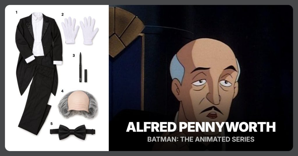 Black Butler Tailcoat Costume Set, White Cotton Formal Gloves and Black Eyeliner Pencil for Moustache beside Alfred Pennyworth