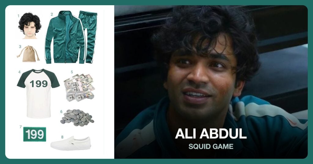 Black Curly Hair Wig, Green Activewear Full Zip Tracksuit, Drawstring Cotton Cloth Bag and 199 Shirt beside Ali Abdul