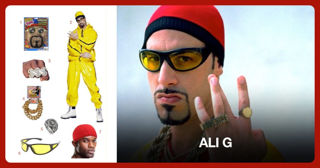 Rap Star Mustache, Ali G Suit, Dollar Ring and Neck Chain beside Ali G