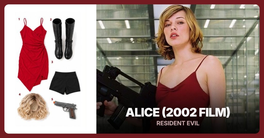 Red Asymmetrical Wrap Dress, Black Knee-High Riding Boots, Black Spandex Shorts and Short Wavy Blonde Wig beside Alice from Resident Evil