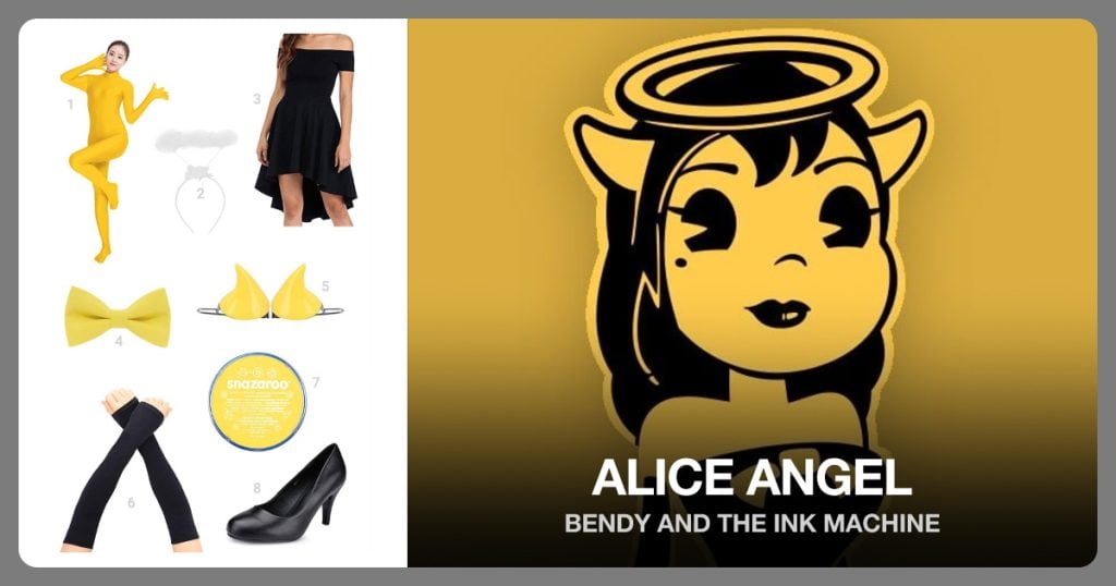Full Body Suit, Halo Headband, Off The Shoulder Dress and Bow Tie beside Alice Angel