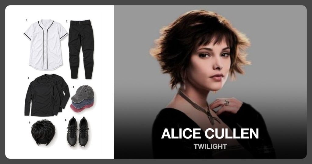 White Baseball Jersey, Black Baseball Pants, Black Compression Shirt and Baseball Cap beside Alice Cullen