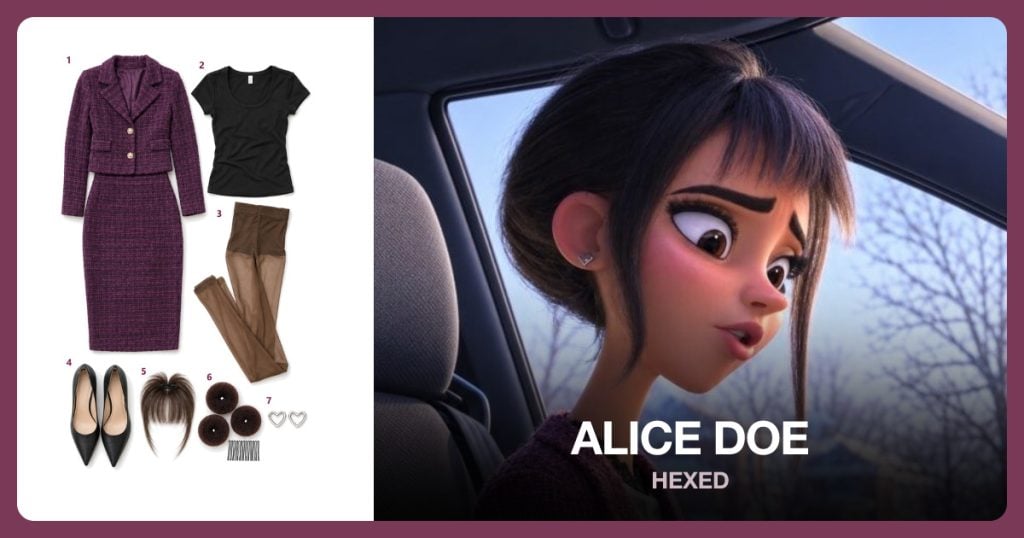 Plum Tweed Skirt Suit, Black Scoop-Neck Top, Sheer Brown Tights and Black Pointed Pumps beside Alice Doe