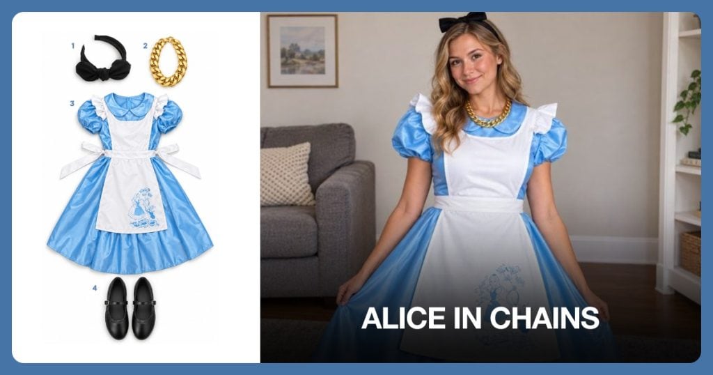 Black Bow Headband, Chunky Gold Chain Necklace, Alice Dress with Pinafore and Black Mary Jane Flats beside Alice in Chains