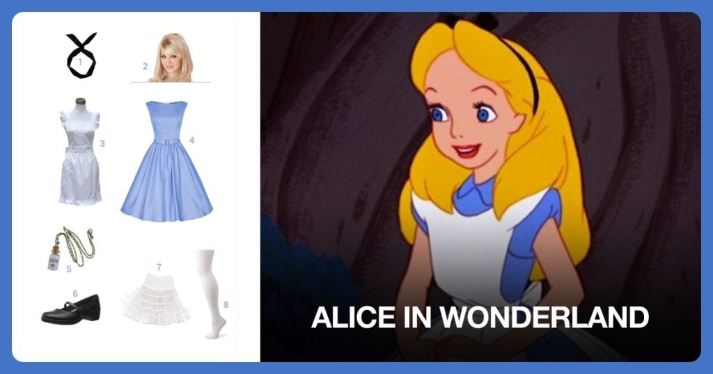 Black Rabbit Ear Wired Hair Tie Bow, Blonde Lush Layers Wig and White Lady’s Apron beside Alice in Wonderland