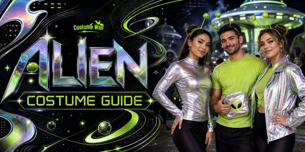 Silver Metallic Long Sleeve Tee, Lime Adult Cotton T-Shirt and Women’s Holographic Hooded Jacket beside Alien