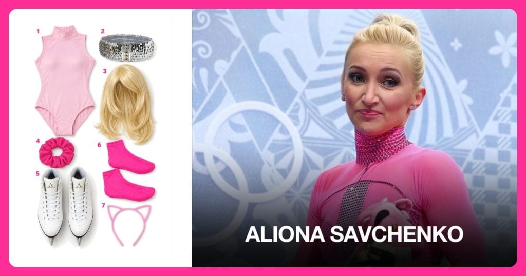 Pink Dance Leotard, Silver Sequin Belt, Blonde Costume Wig and Hot Pink Scrunchie beside Aliona Savchenko