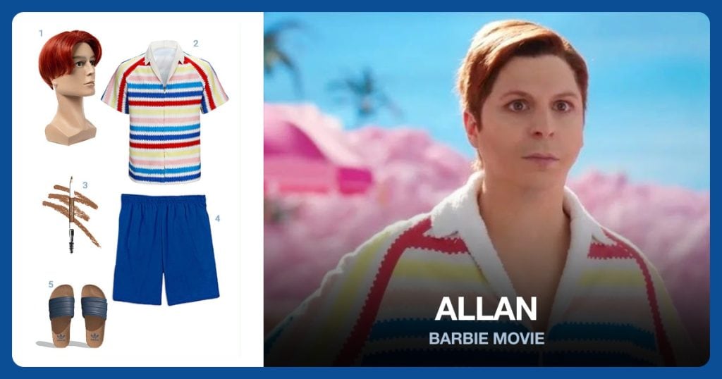 Red Wig for Men, Rainbow Striped Shirt, Brow Pencil Ginger Roots and Men’s Blue Short beside Allan
