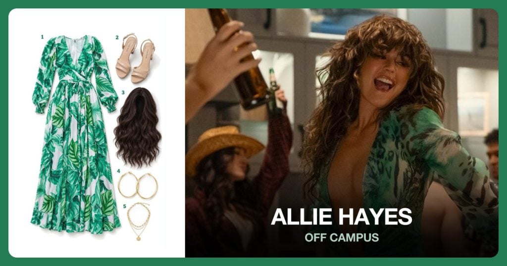 Green Printed Plunging Maxi Dress, Nude Strappy High Heels, Long Wavy Brown Wig and Large Gold Hoop Earrings beside Allie Hayes