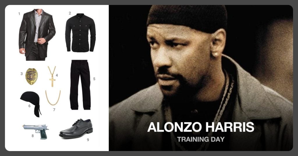 Three-Button Leather Blazer, Mandarin Collar Button Down Shirt and Security/Enforcement Deluxe Badge beside Alonzo Harris