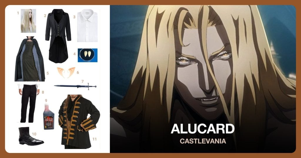 Long White Hair, Victorian High Collar Coat, Spread Collar Dress Shirt and Vampire Teeth beside Alucard (Castlevania)