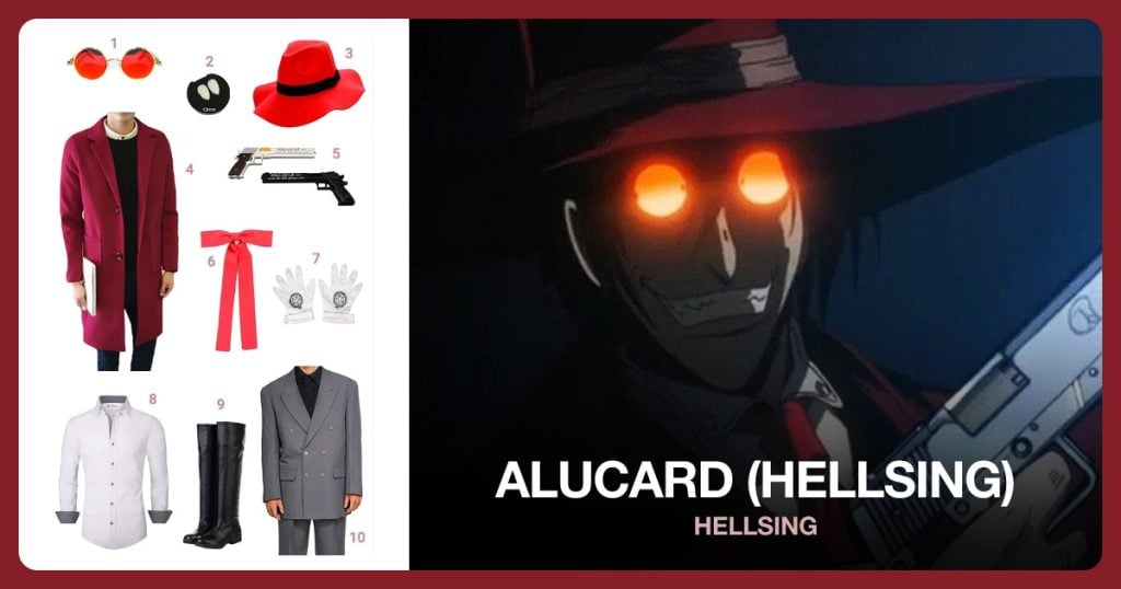 Round Circle Frame Sunglasses, Vampire Teeth, Floppy Hat and Single-Breasted Long Trench Coat beside Alucard (Hellsing)