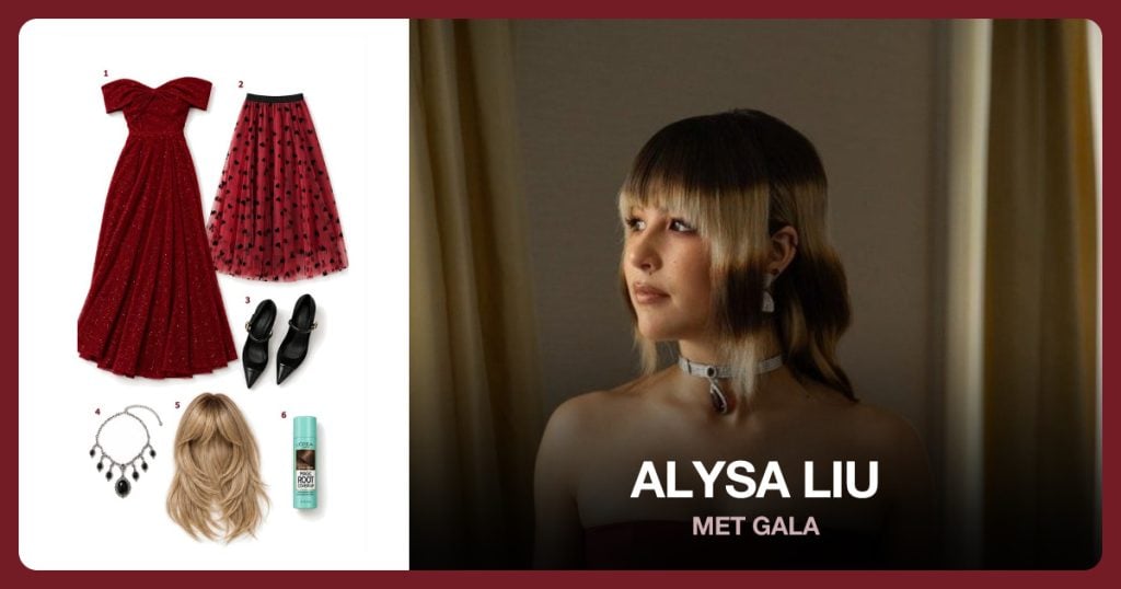Red Strapless Gown, Red Tulle Skirt, Red Heels and Statement Necklace beside Alysa Liu
