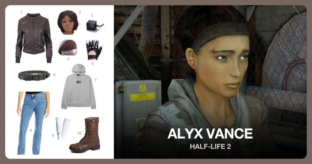 Leather Motorcycle Jacket, Straight Bob Wig, Honeycomb Cube Pendant and Brown Headband beside Alyx Vance