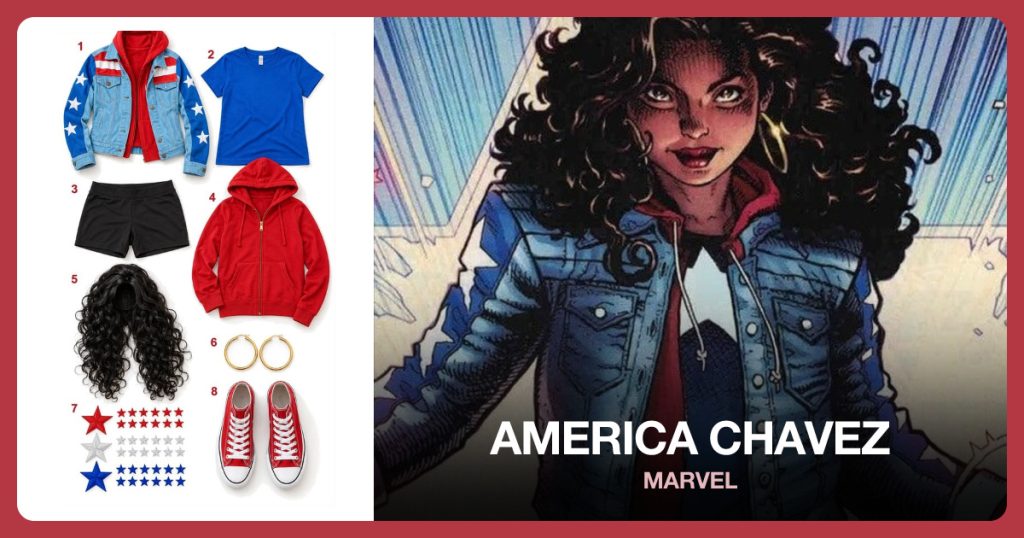 Star Denim Jacket, Royal Blue T-Shirt, Black Shorts and Red Zip Hoodie beside America Chavez
