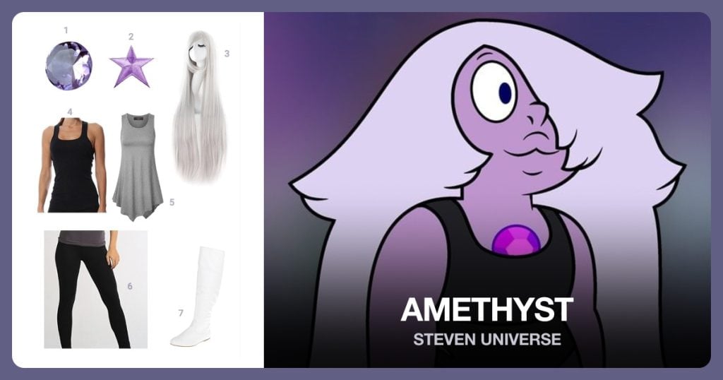 Cut Glass Diamond Jewel, Purple Star Patch, Long Hair Wig and Gym Fitness Crop Top Black beside Amethyst