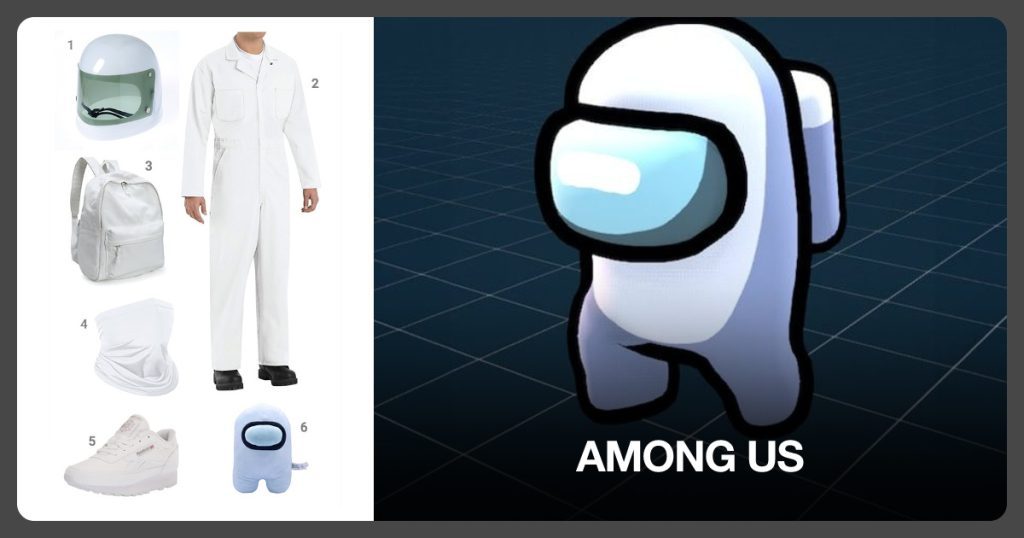 Space Helmet, White Space Suit, White Backpack and White Neck Gaiter beside Among Us