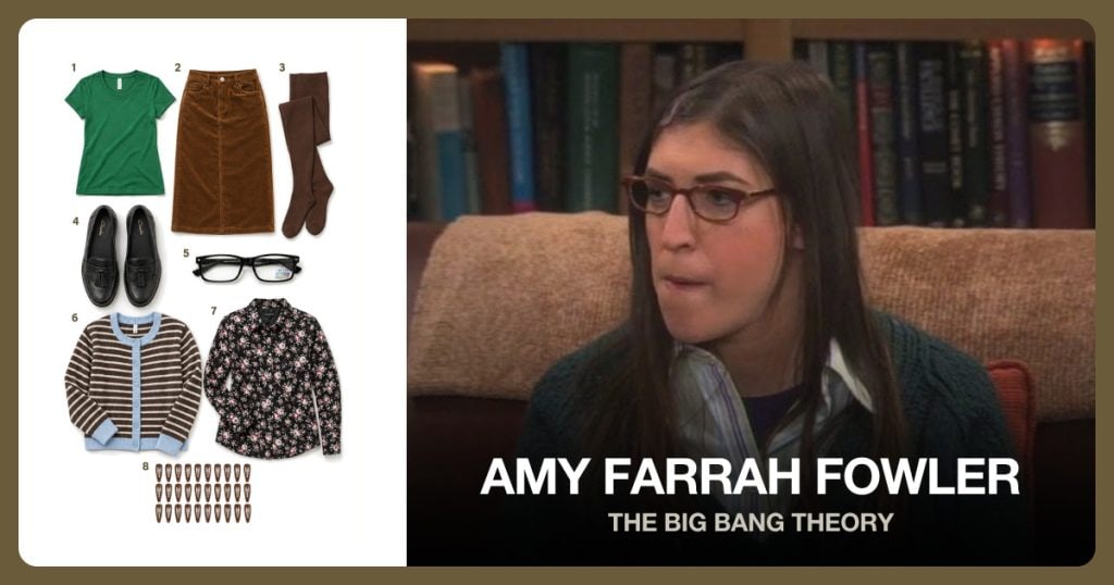 American Apparel Green T-Shirt, Camel Corduroy Skirt, Thermal Tights In Coffee Brown and Black Leather Loafers beside Amy Farrah Fowler