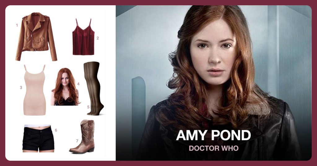 Brown Bomber Jacket, Maroon Tank Top, Beige Camisole and Long Wavy Auburn Wig beside Amy Pond