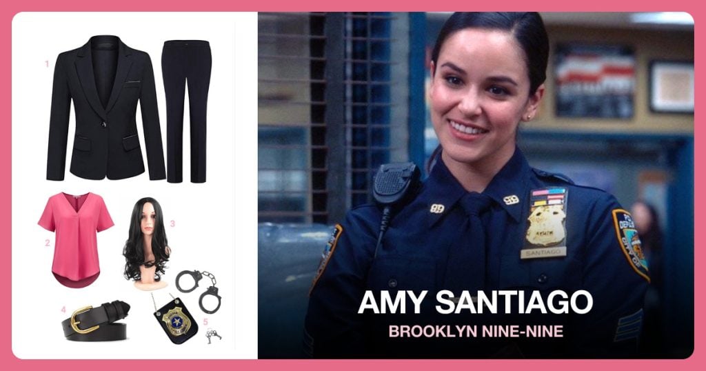 Lady Business Suit Set, Business Blouse, Black Wavy Wig and Casual Leather Belt beside Amy Santiago