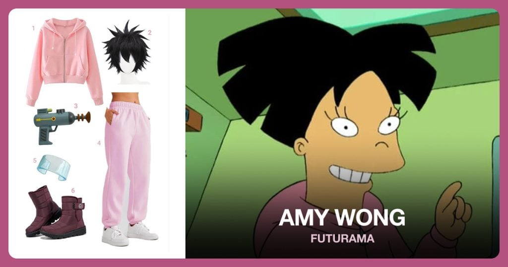 Pink Drawstring Cropped Hoodie, Black Spiky Short Wig, Laser Gun Prop and Pink Baggy Fleece Sweatpants beside Amy Wong