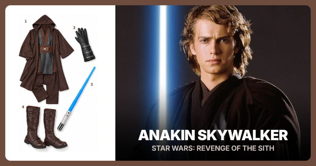Anakin Costume Set, Black Right-Hand Gauntlet, Blue Toy Lightsaber and Brown Anakin Boots beside Anakin Skywalker