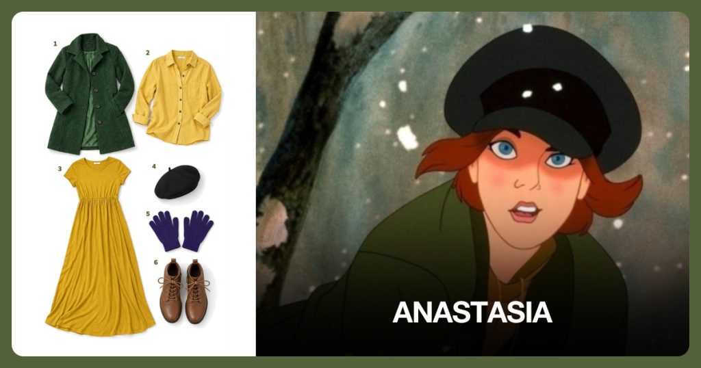 Green Stand-Collar Long Coat, Mustard Yellow Button-Down Blouse and Yellow A-Line Maxi Dress beside Anastasia