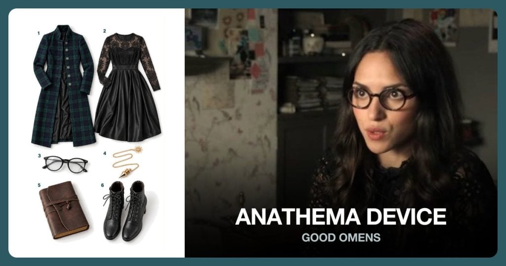 Green Plaid Coat, Black Lace Dress, Round Eyeglasses and Brass Pendulum beside Anathema Device