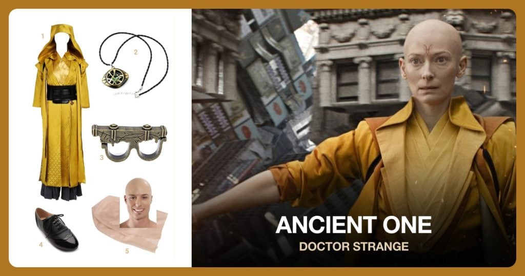 Ancient One Costume, Stone Pendant, Magic Ring and Black Shoes beside Ancient One