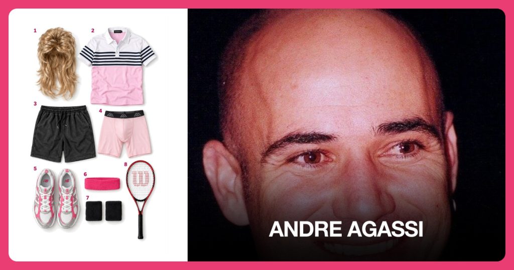 Blonde Mullet Wig, White and Pink Tennis Polo, Black Drawstring Shorts and Pink Compression Shorts beside Andre Agassi