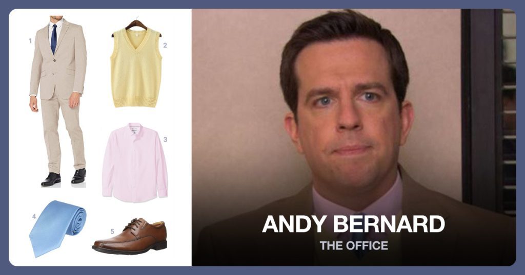 Tan Suit, Yellow Sweater Vest, Pink Button Down Shirt and Blue Tie beside Andy Bernard