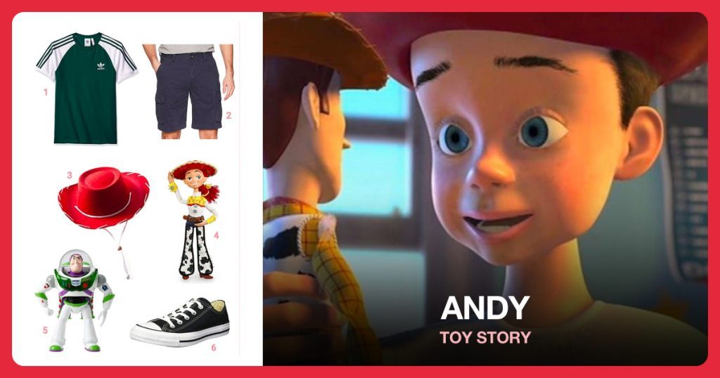 Raglan T-Shirt, Cargo Shorts, Red Cowboy Hat and Jessie Figure beside Andy