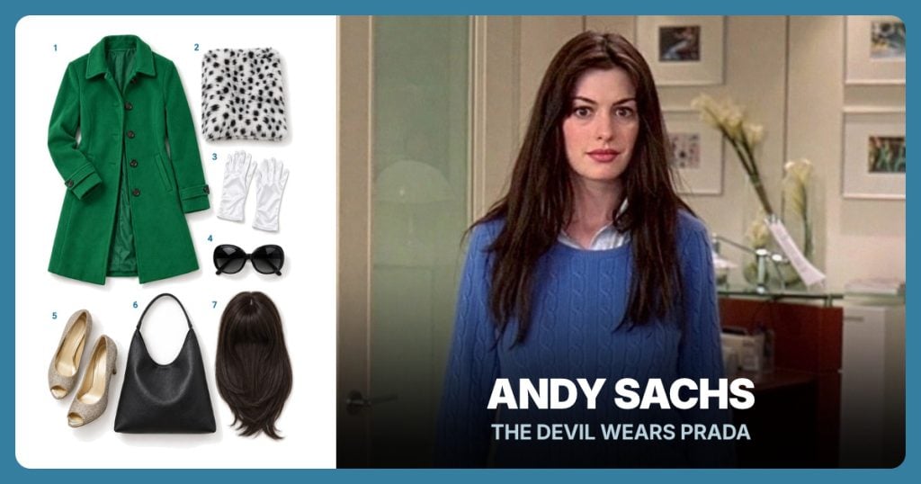 Green Collared Coat, Black-and-White Leopard Faux Fur, Short White Satin Gloves and Oversized Black Sunglasses beside Andy Sachs (2006 Film)