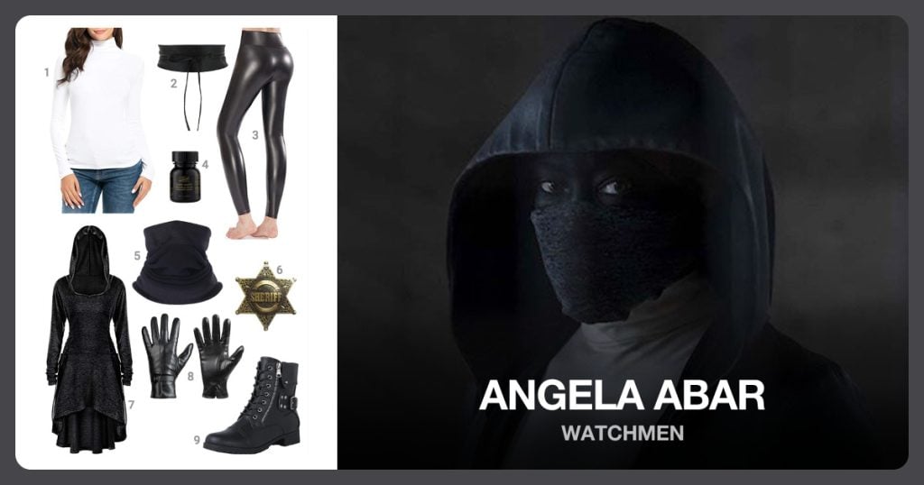 Turtleneck, Women Belt, Leather Leggings and Black Face Paint beside Angela Abar