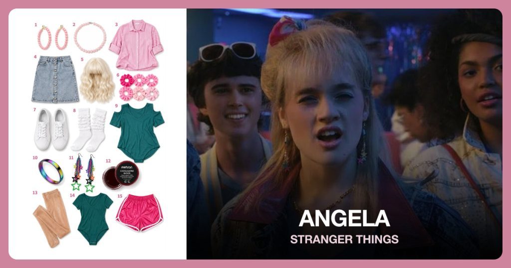Pink Beaded Hoop Earrings, Pink Beaded Necklace, Pink and White Striped Blouse and Bleached Denim Skirt beside Angela
